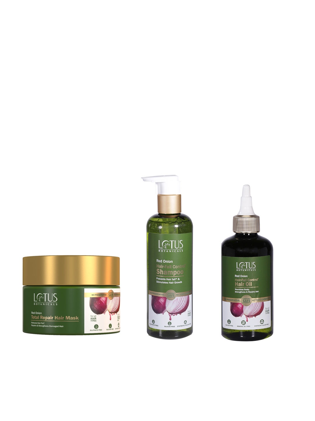 

Lotus Botanical Red Onion Hair Care Kit - Hair Oil 200ml + Shampoo 300ml + Hair Mask 200g, Green