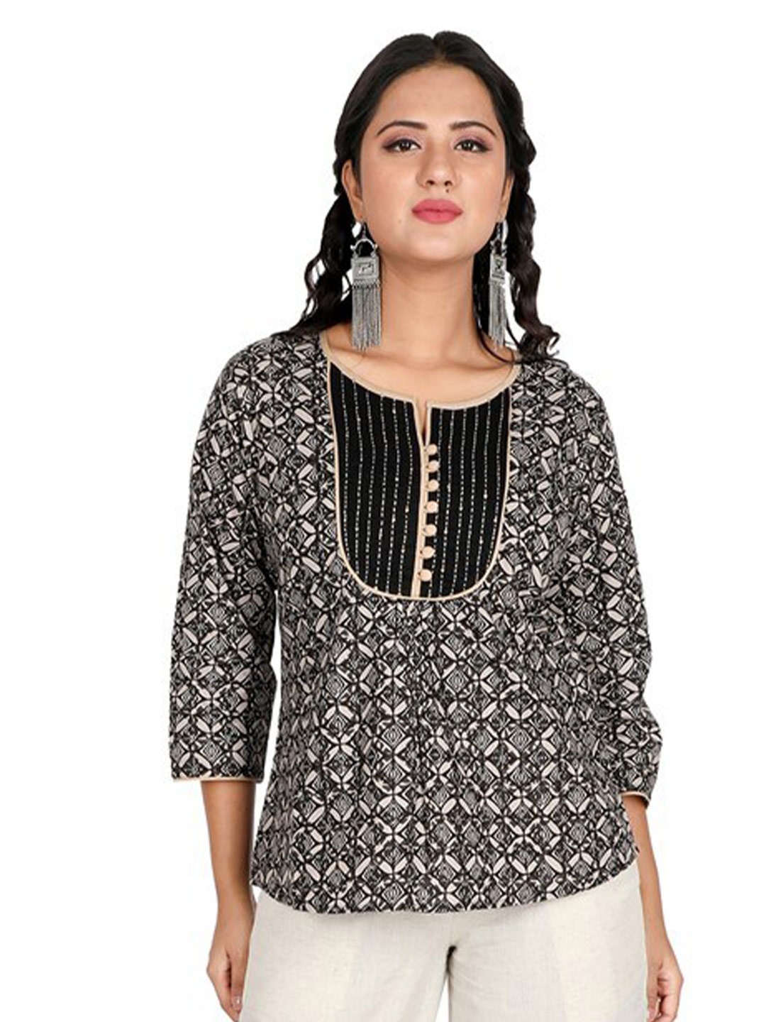 

SUTI Black Geometric Printed Cotton Top
