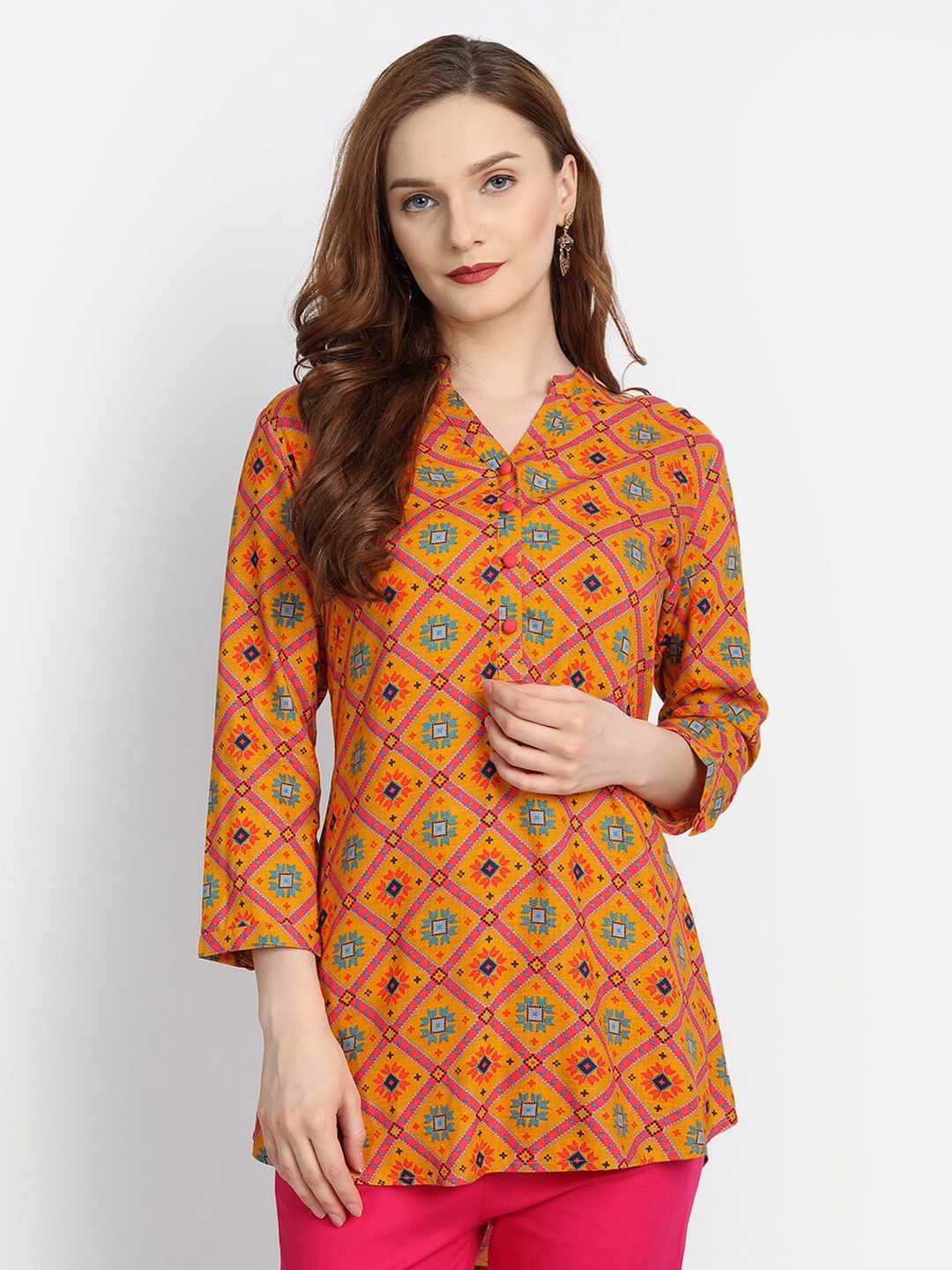 

SUTI Orange Geometric Print Mandarin Collar Top