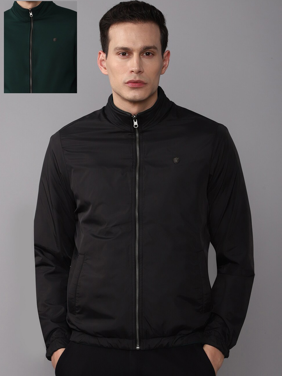 

Louis Philippe Men Green Black Reversible Bomber Reversible Jacket