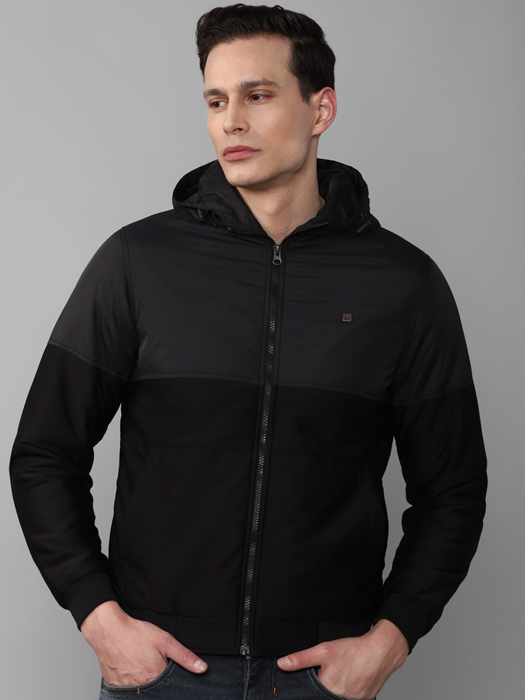 

Louis Philippe Jeans Men Black & Charcoal Colourblocked Cotton Tailored Jacket