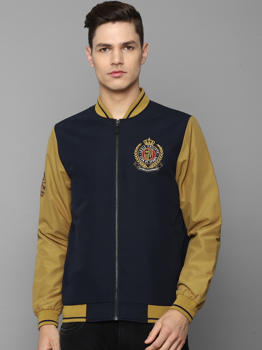 

Louis Philippe Sport Men Navy Blue Floral Colourblocked Bomber with Embroidered Jacket