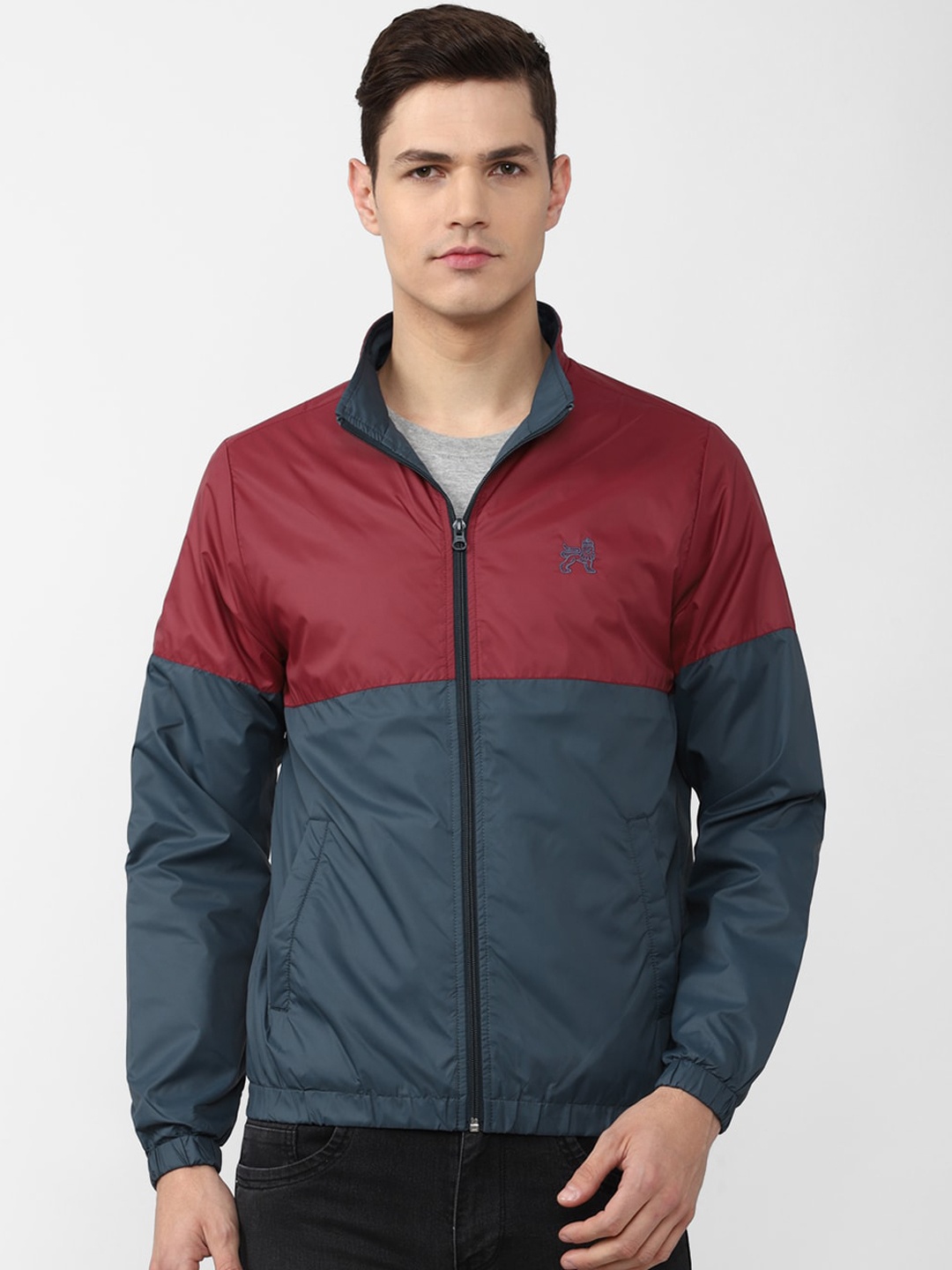 

Van Heusen ACADEMY Men Navy Blue Maroon Colourblocked Bomber Jacket