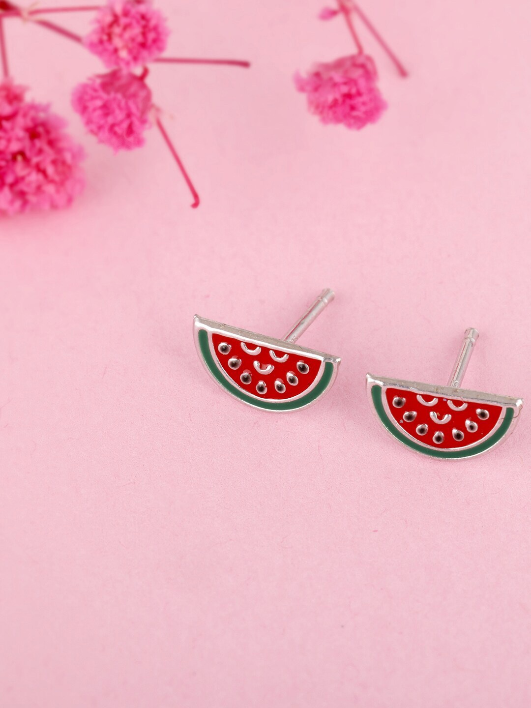 

GIVA Silver-Toned & Red Contemporary Studs Earrings