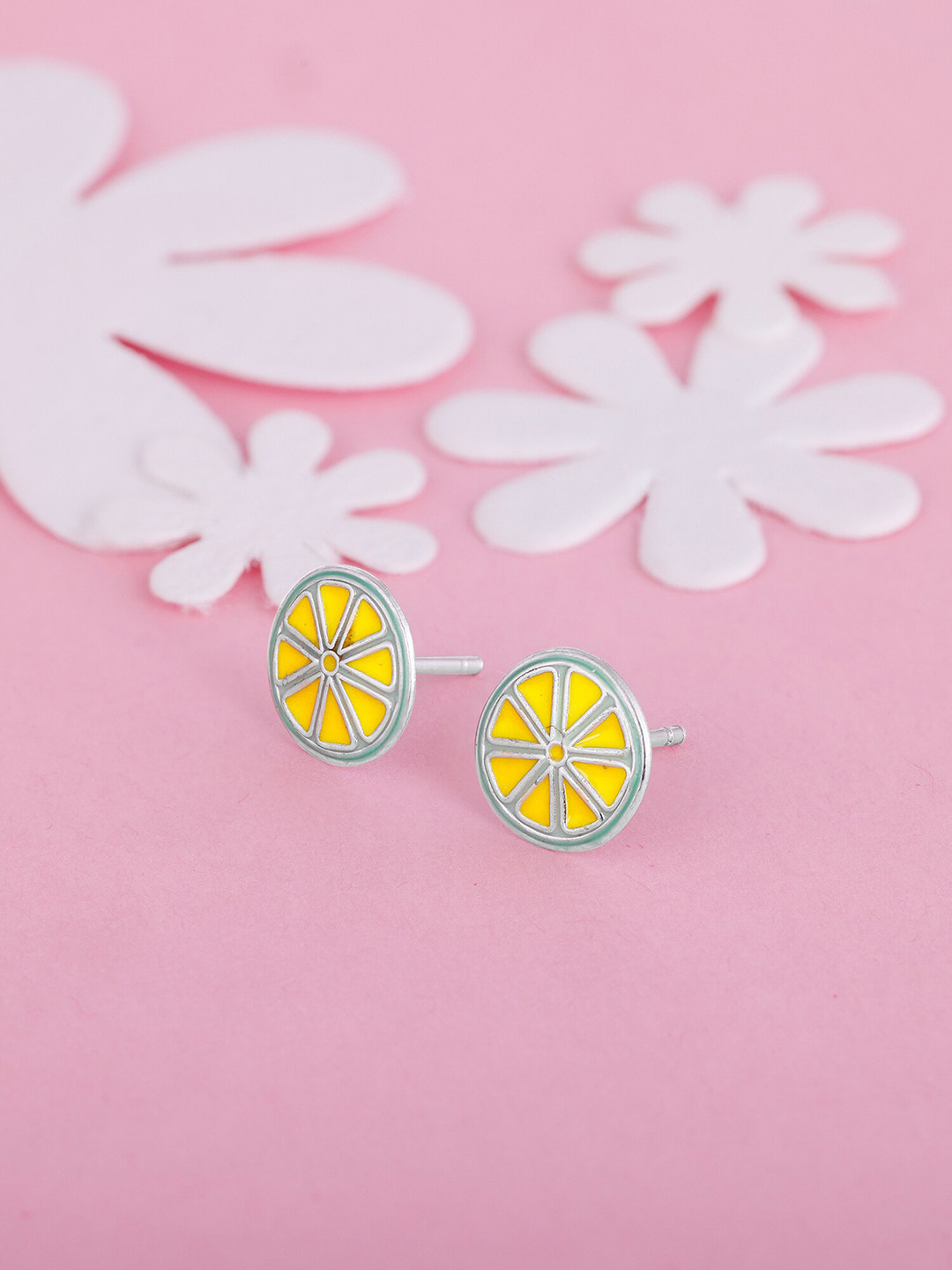 

GIVA Silver-Toned & Yellow Floral Studs Earrings