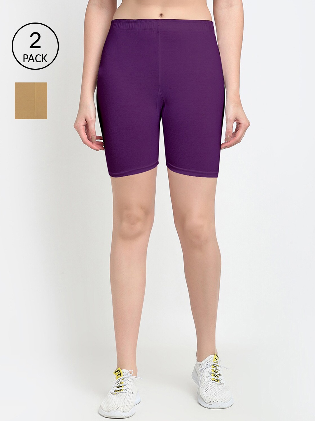 

GRACIT Women Set Of 2 Purple & Beige Solid Shorts