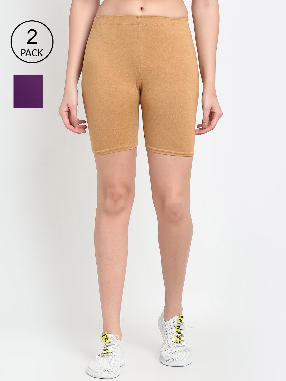 

GRACIT Women Set Of 2 Beige & Purple Solid Cycling Shorts