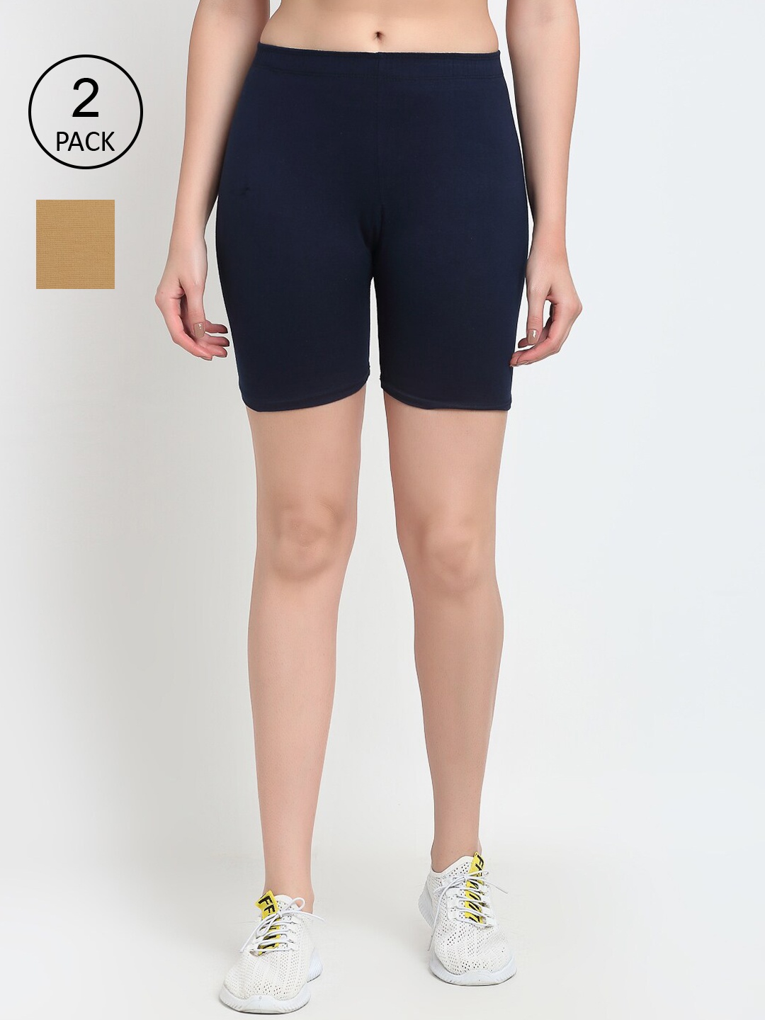 

GRACIT Women Pack of 2 Navy Blue & Nude Cycling Sports Shorts