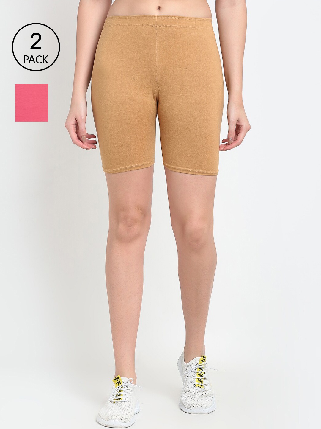 

GRACIT Women Pack Of 2 Beige Super Combed Lycra Cycling Sports Shorts