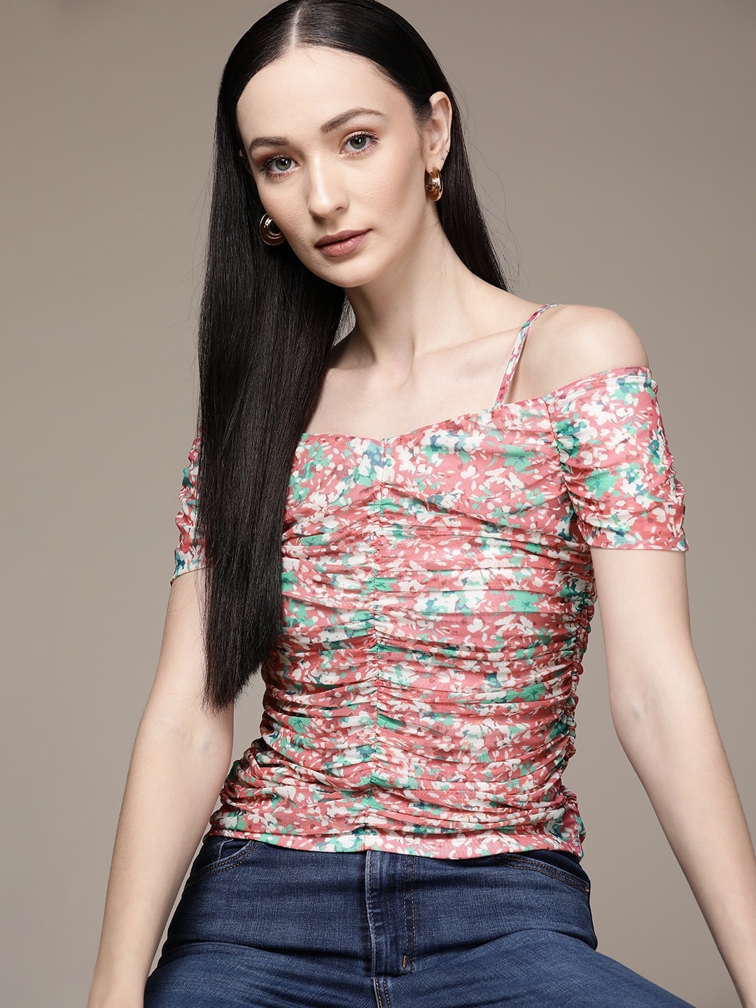 

bebe Women Egret & Dusty Pink Brighter Basics Floral Print Shoulder-Straps Top, Rose