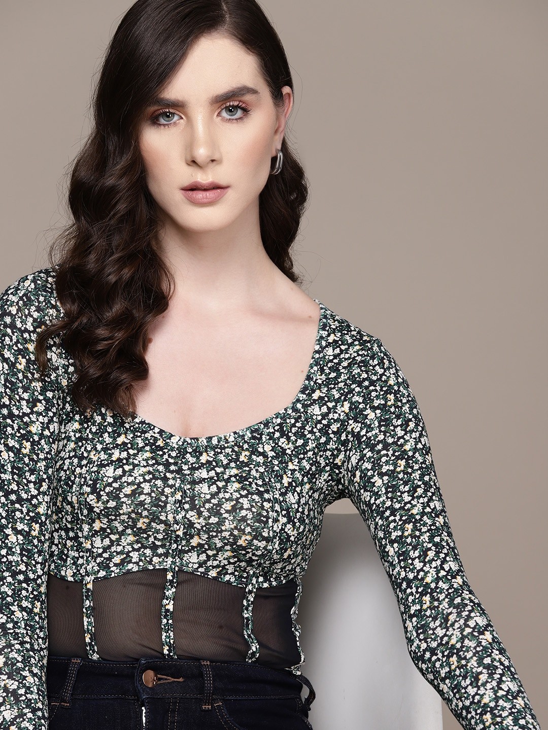 

bebe Floral Print All Day Fitted Top, Black