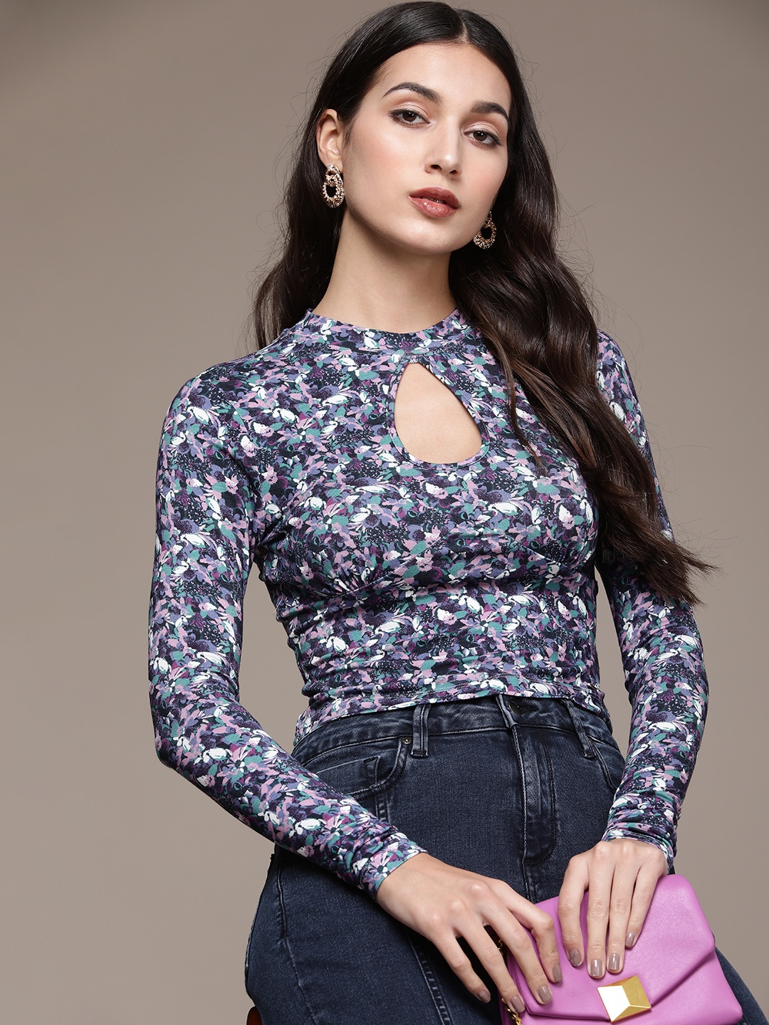 

bebe Women Floral Print Keyhole Neck Corset Top, Blue