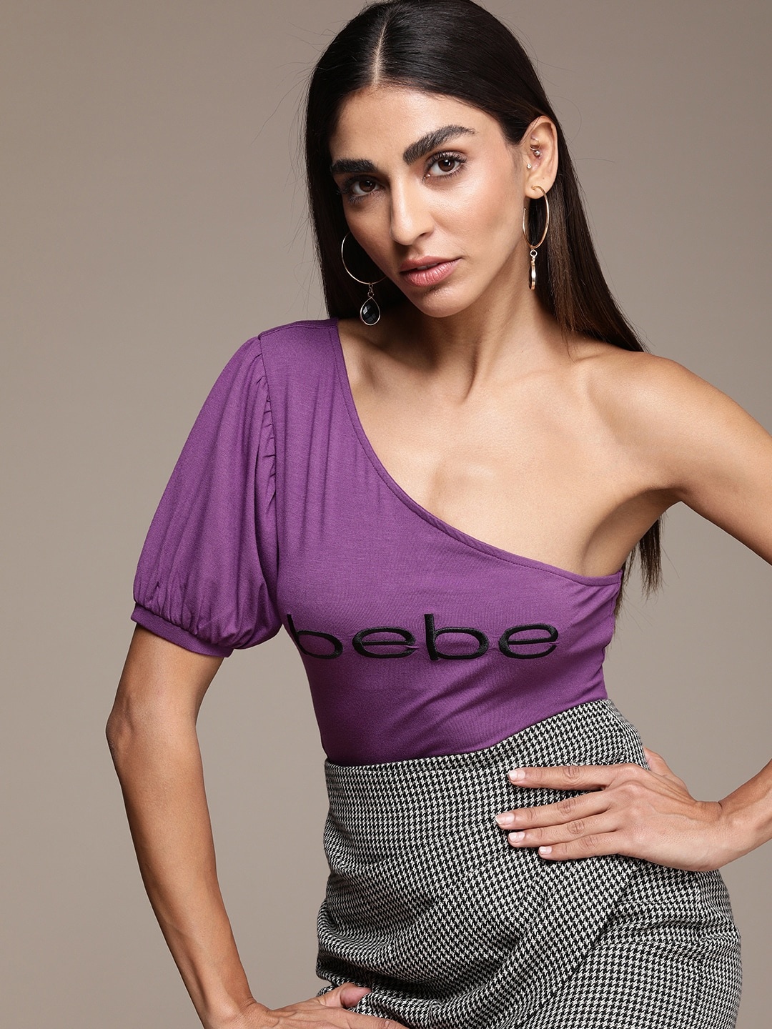 bebe Women Violet Brand Logo Embroidered One Shoulder Top