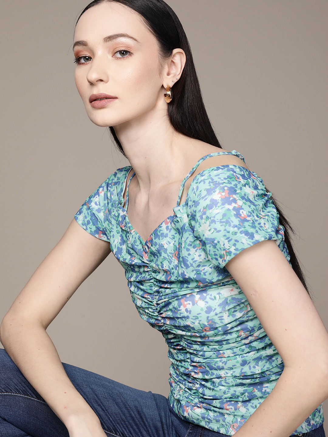 

bebe Women Green & Blue Dose of Vitamin Floral Print Shoulder-Straps Top