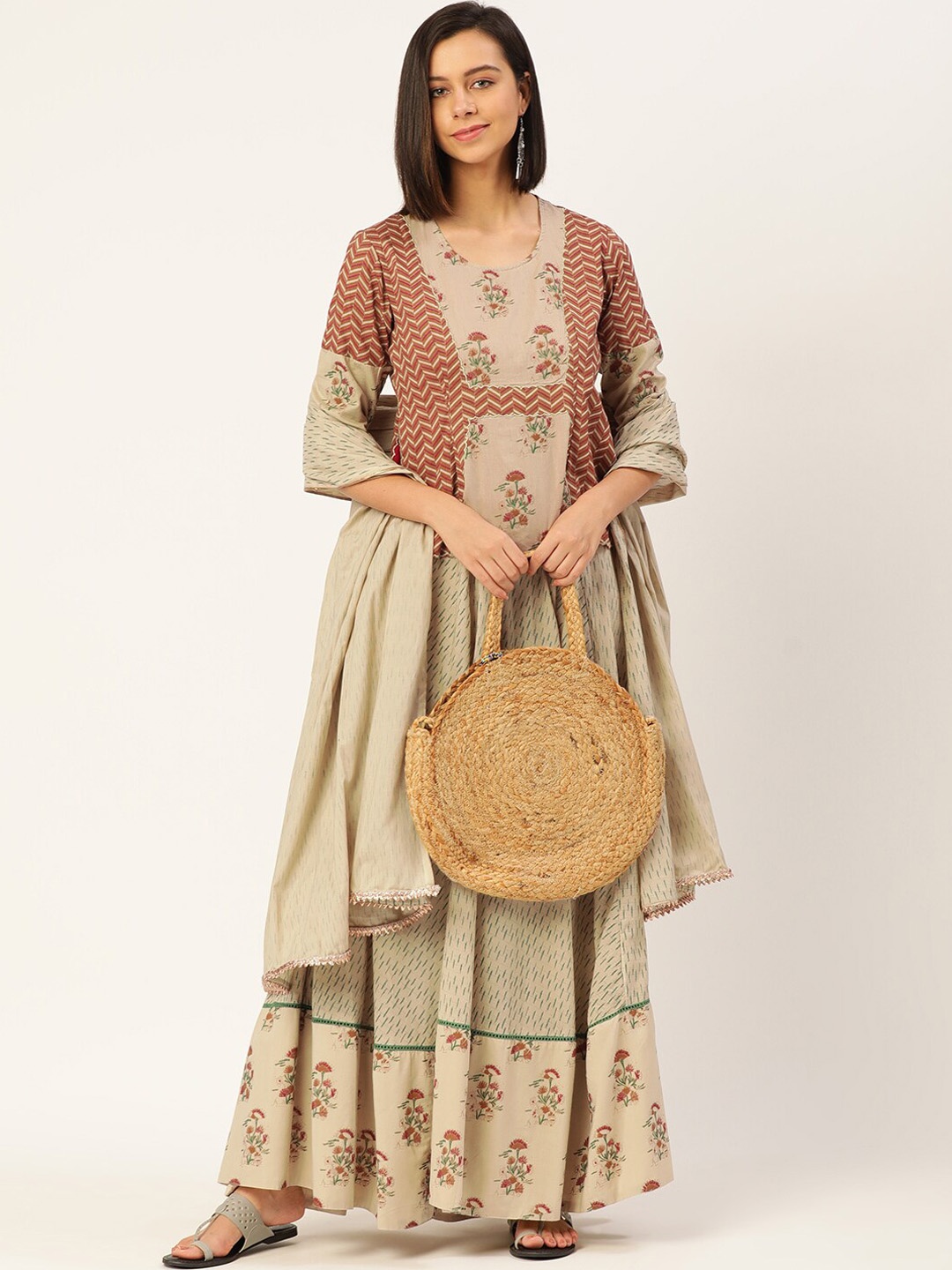 

HERE&NOW Women Beige Printed Pure Cotton Top with Skirt & Dupatta