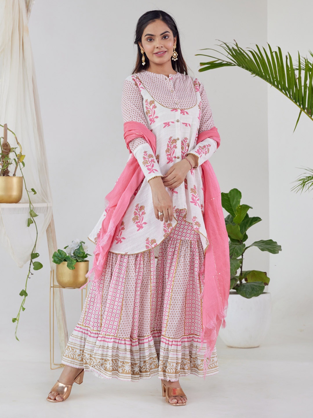 

HERE&NOW Women White Floral Printed Kurta with Sharara & With Dupatta
