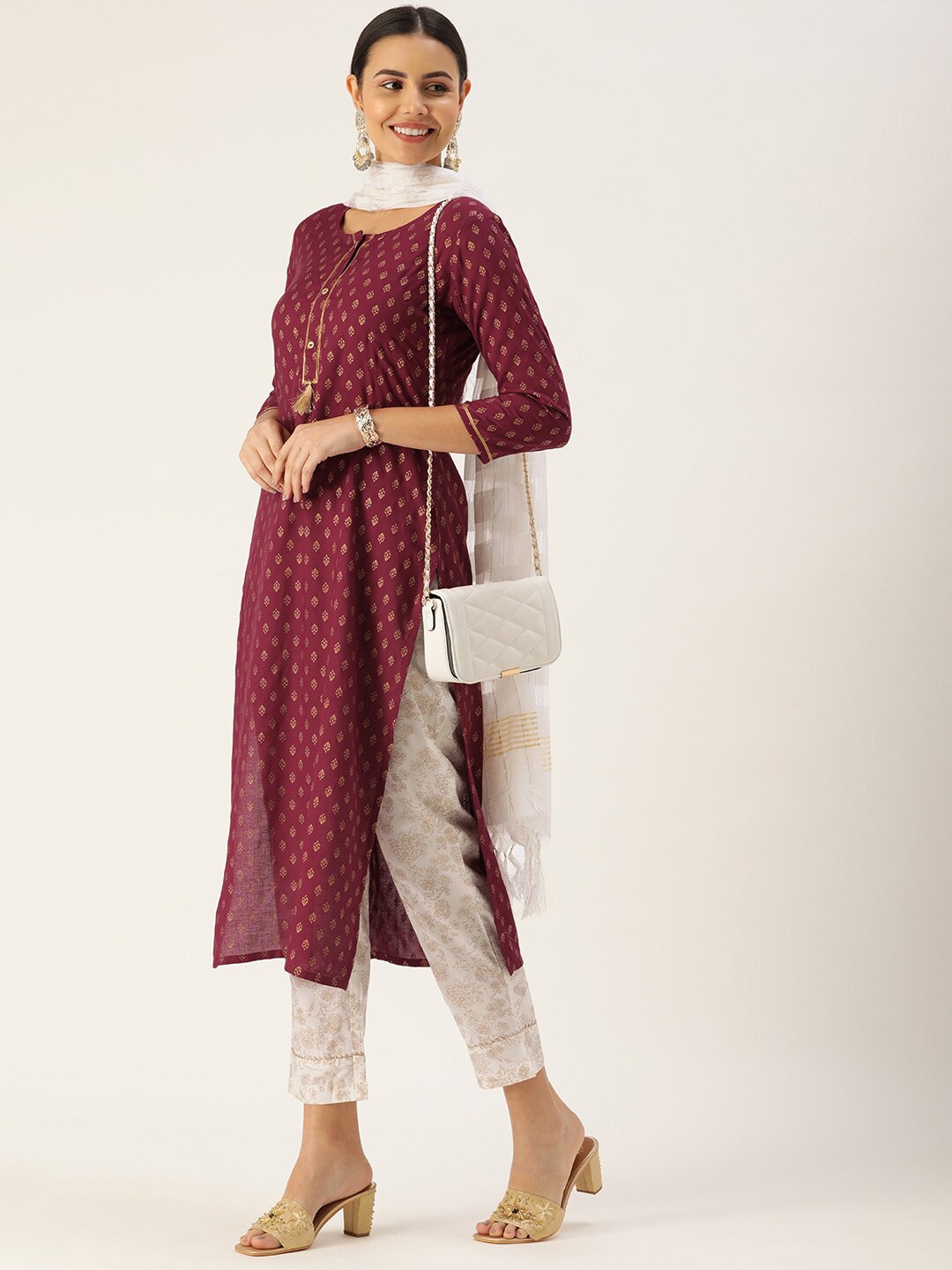 

HERE&NOW Women Maroon Ethnic Printed Kurta with Trousers & With Dupatta
