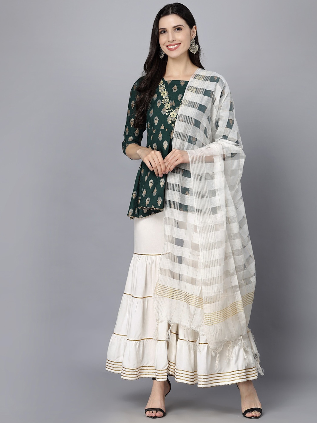 

HERE&NOW Women Green Ethnic Motifs Printed Kurti with Sharara & Dupatta Set