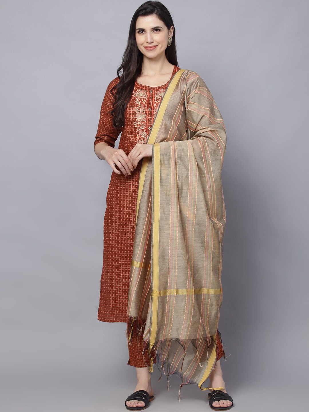 

HERE&NOW Women Brown Floral Embroidered Thread Work Pure Cotton Kurta with Trousers & With Dupatta