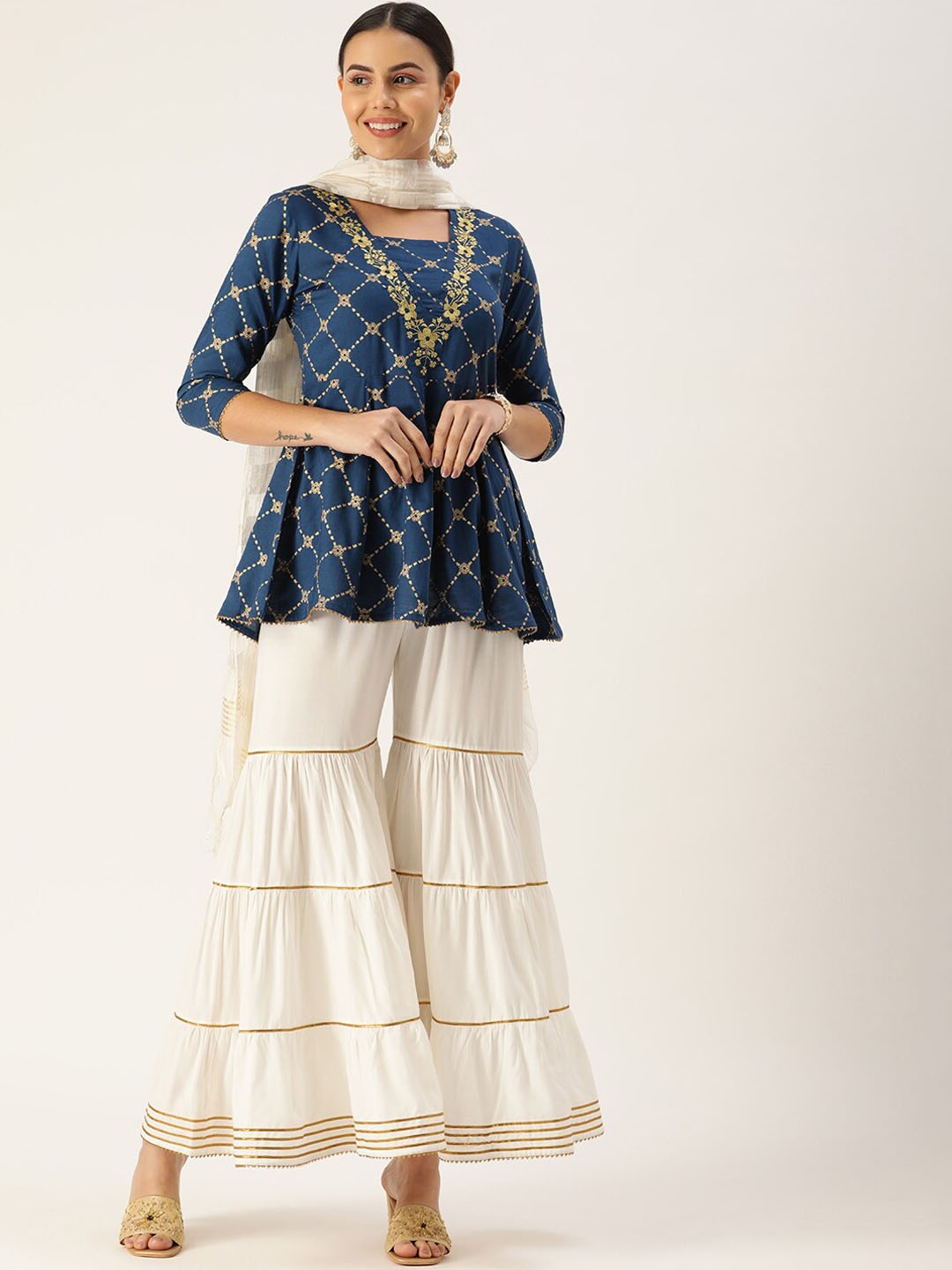 

HERE&NOW Women Navy Blue Ethnic Motifs Printed Kurti with Sharara & With Dupatta