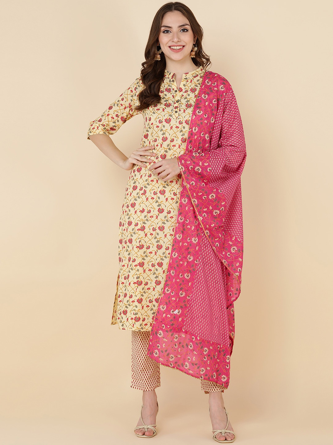 

HERE&NOW Women Mustard Yellow Printed Kurta with Trousers & Dupatta