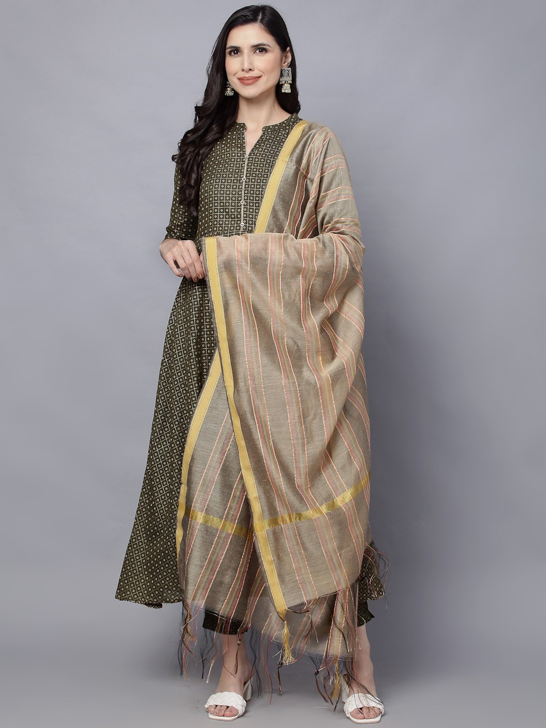 

HERE&NOW Women Green Printed Pure Cotton Kurta with Trousers & With Dupatta