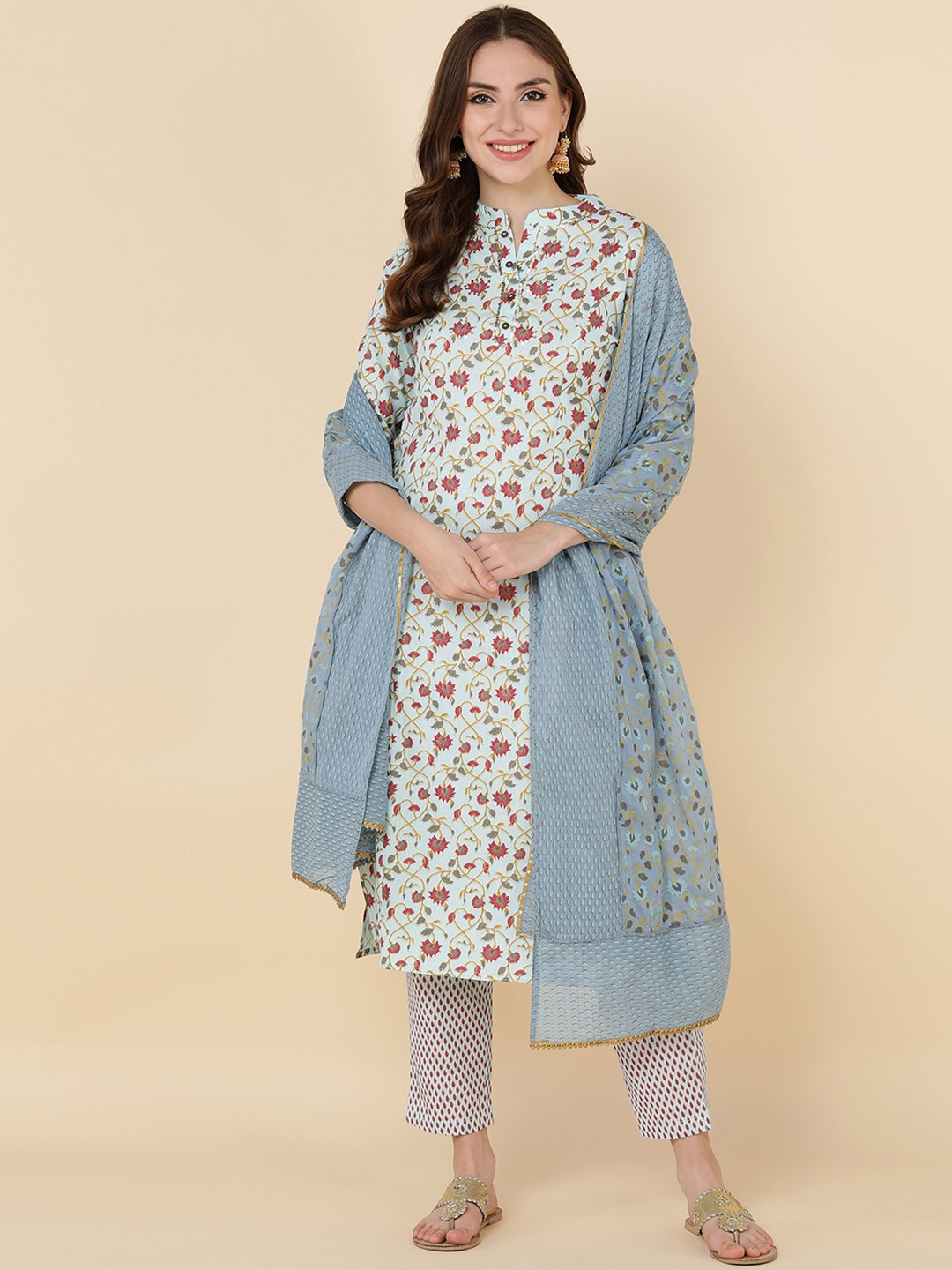 

HERE&NOW Women Blue Ethnic Motifs Printed Kurta with Trousers & With Dupatta