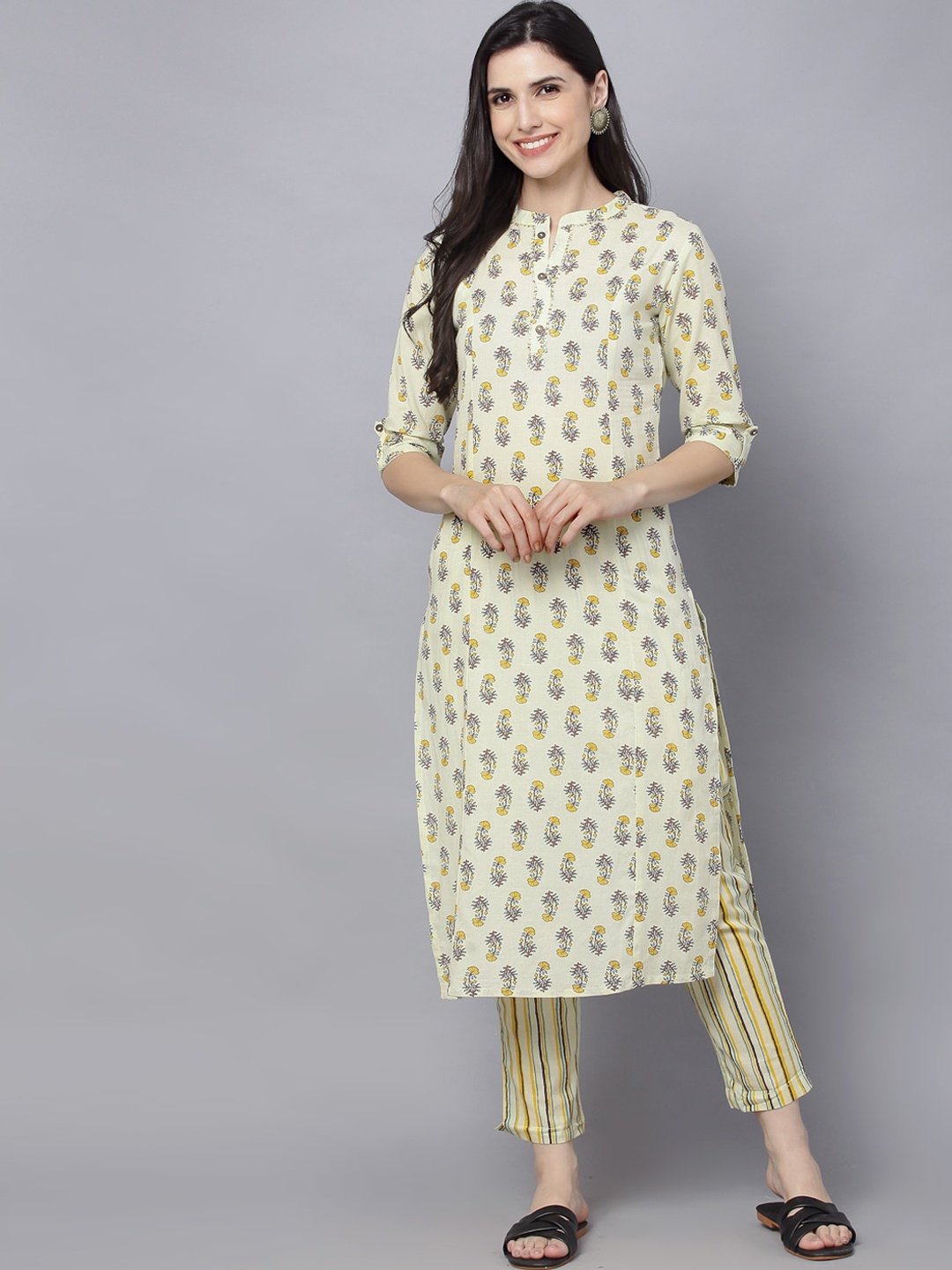 

HERE&NOW Women Yellow Ethnic Motifs Printed Pure Cotton Kurta with Trousers
