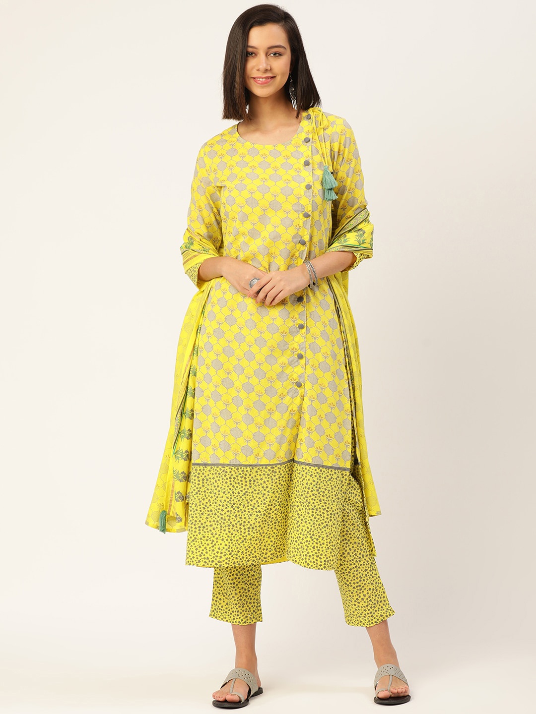 

HERE&NOW Women Yellow Ethnic Motifs Printed Layered Pure Cotton Kurti with Trousers & Dupatta