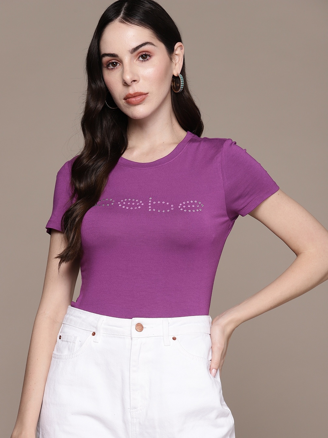 bebe Season Staples Brand Logo Embellished Fitted Top, Purple