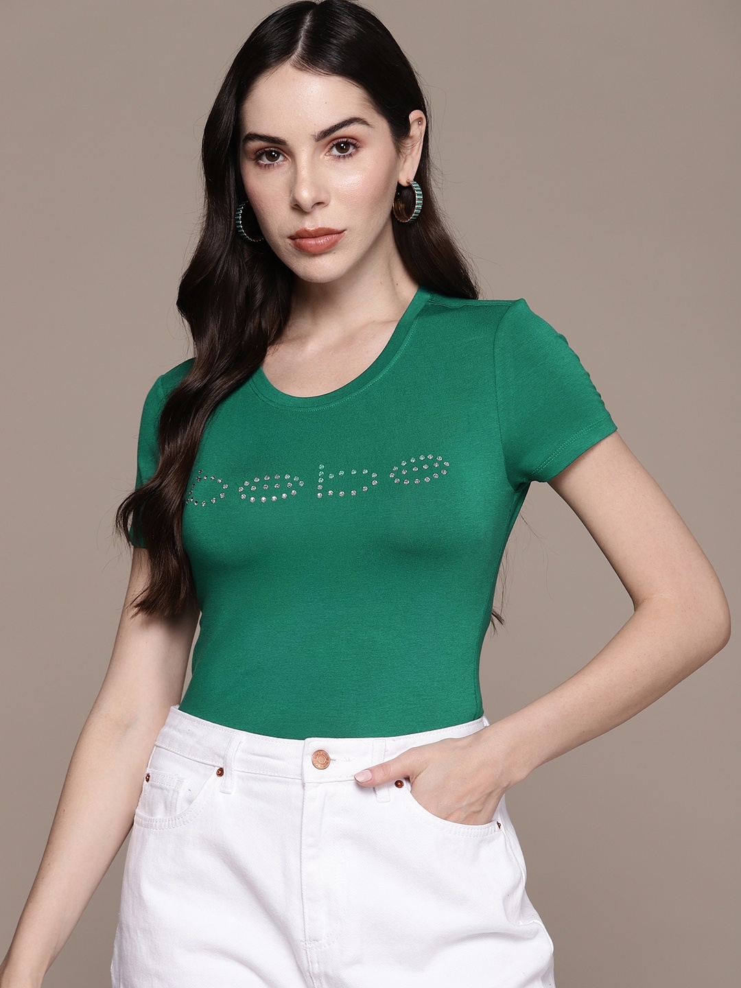 bebe Season Staples Brand Logo Embellished Fitted Top, Green