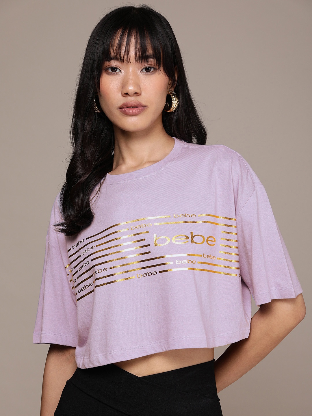 

bebe Striped & Brand Logo Detail Drop-Shoulder Sleeves T-shirt, Lavender