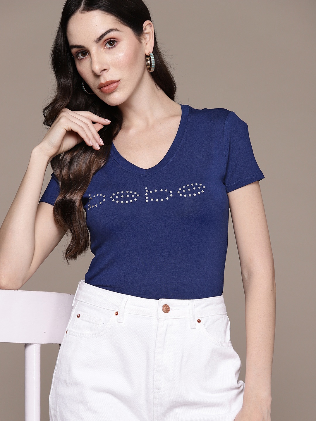 

bebe Season Staples Brand Logo Embellished Fitted Top, Navy blue