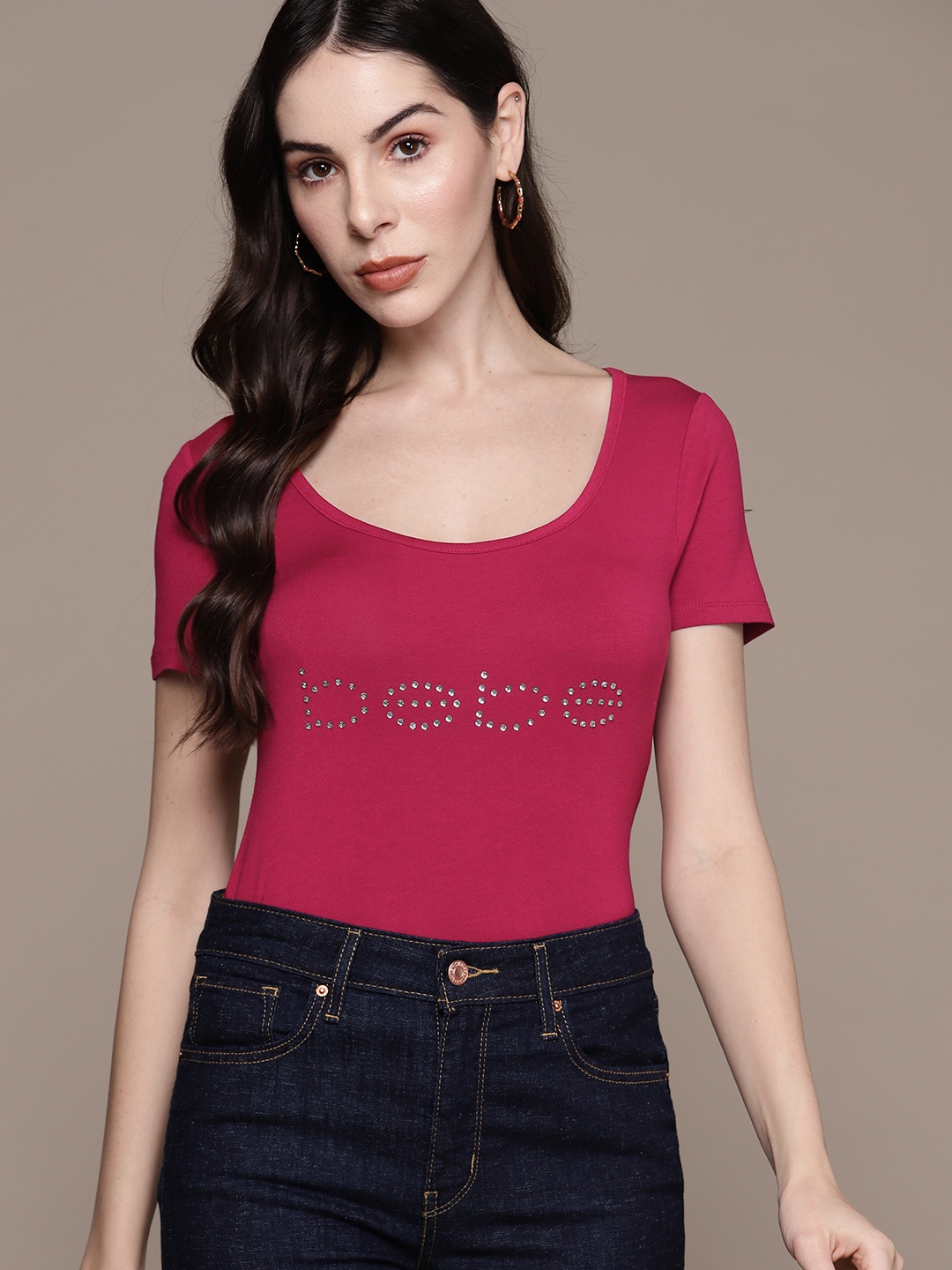 

bebe Season Staples Brand Logo Embellished Fitted Top, Magenta