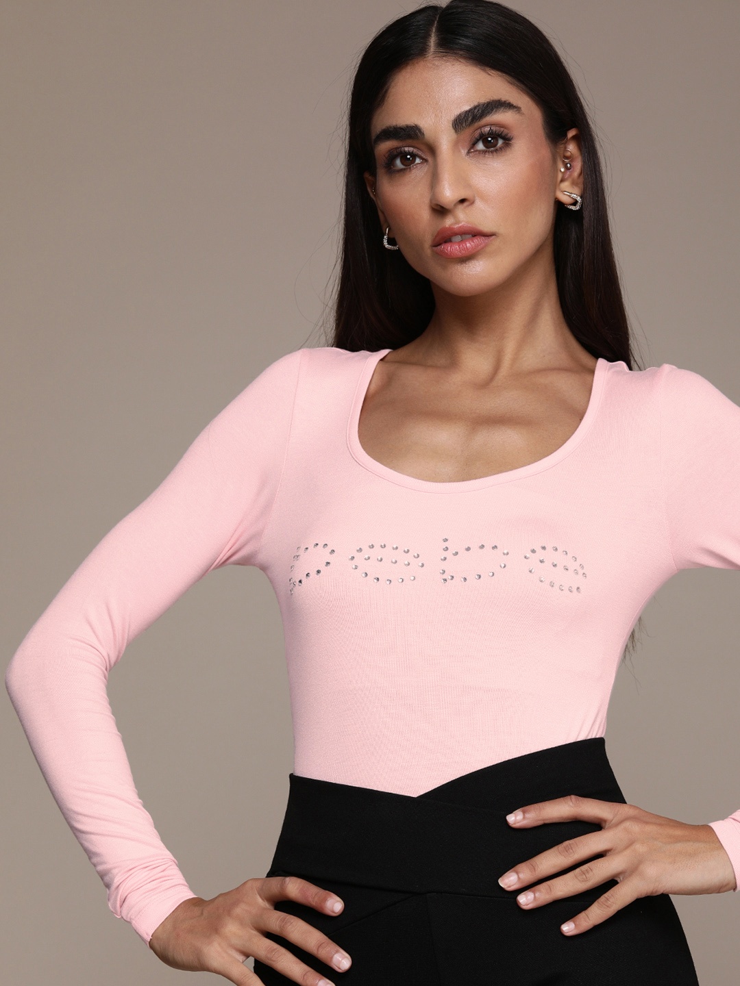 

bebe Women Pink Slim Fit Brand Logo Embellished T-shirt