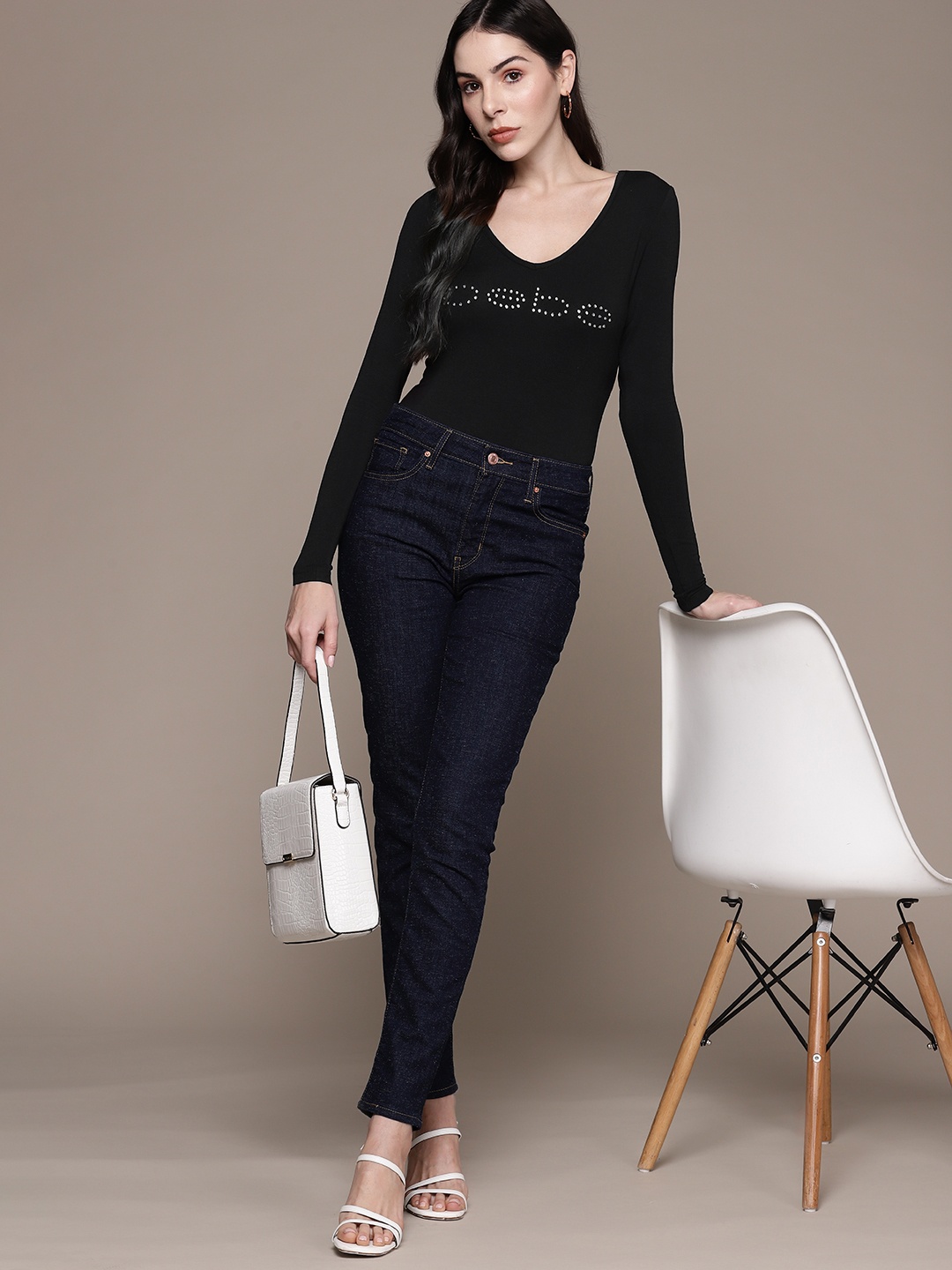 

bebe Season Staples Brand Logo Embellished Top, Black