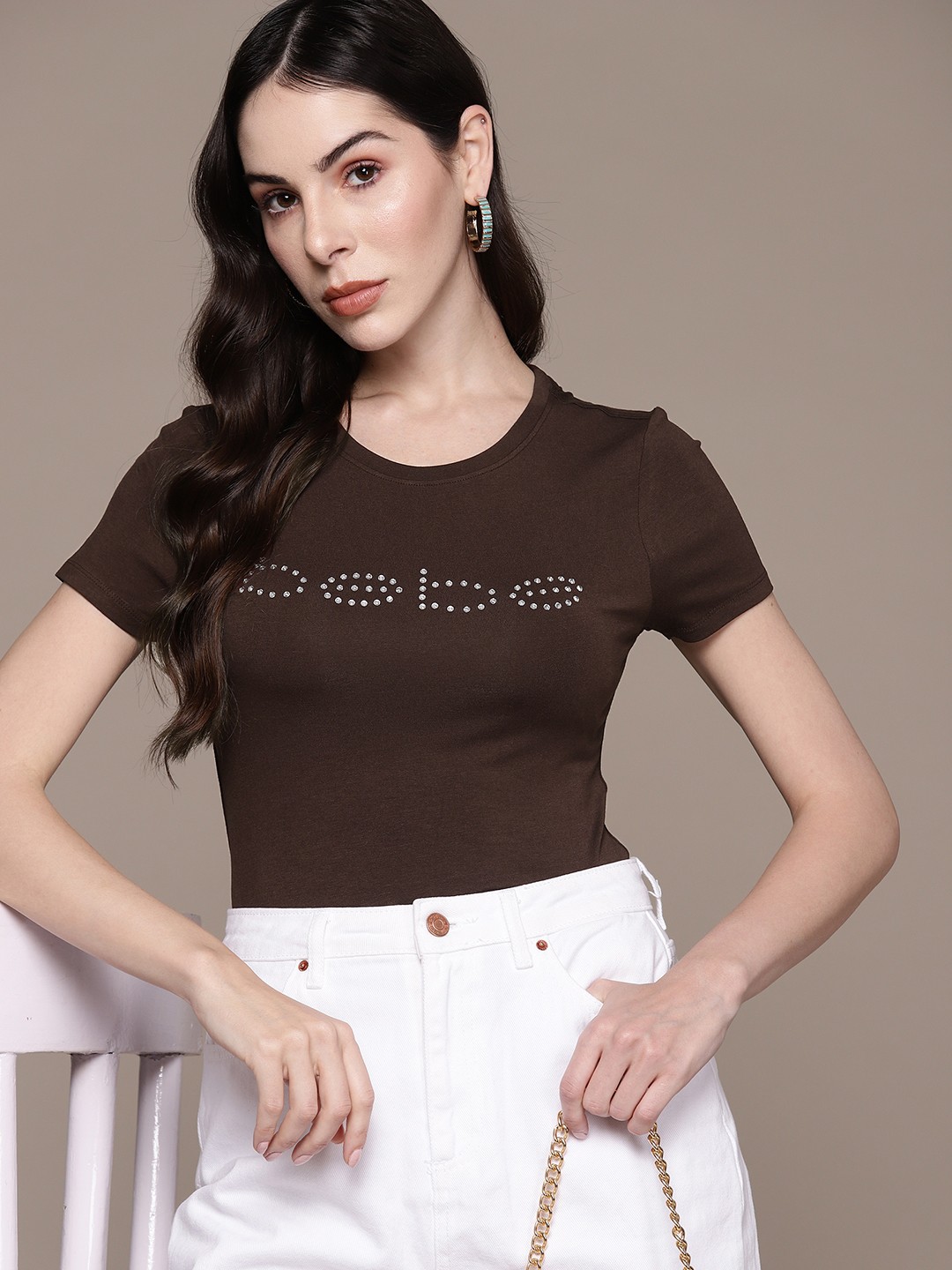 

bebe Season Staples Brand Logo Embellished Fitted Top, Brown