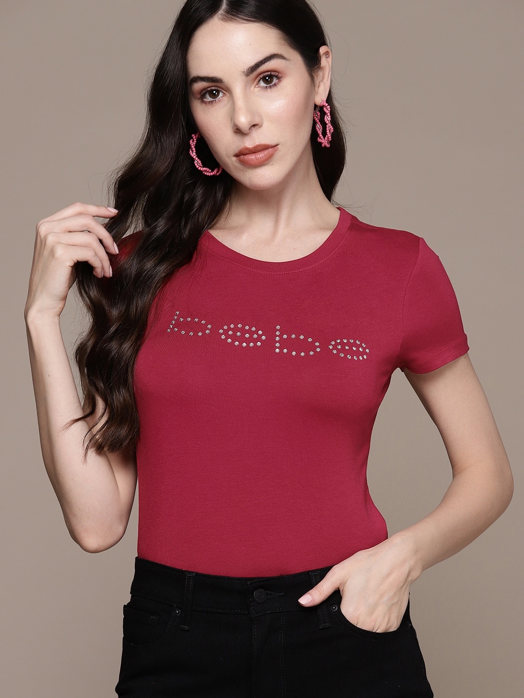 

bebe Season Staples Brand Logo Embellished Fitted Top, Magenta