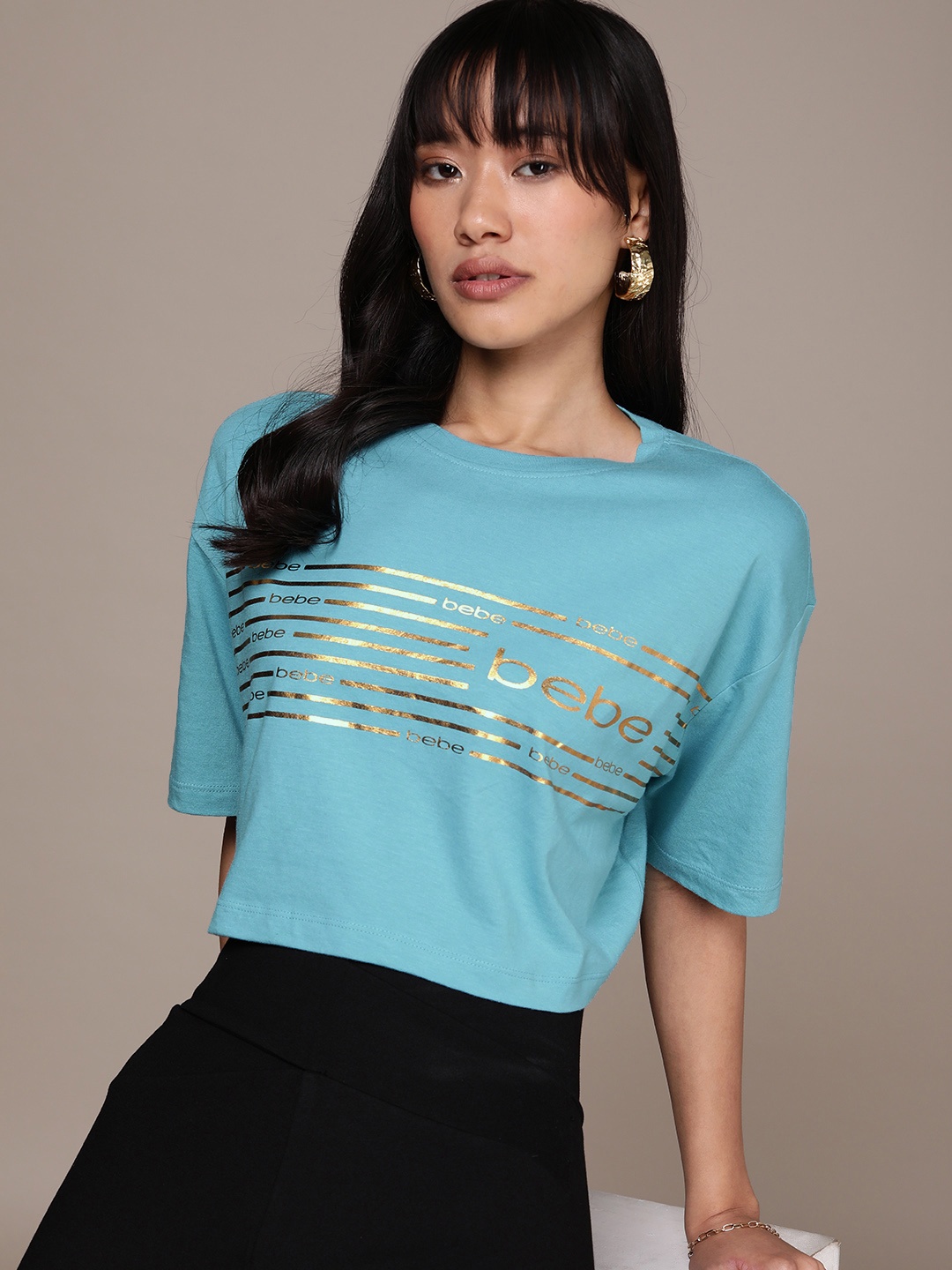 

bebe Striped & Brand Logo Detail Drop-Shoulder Sleeves T-shirt, Blue