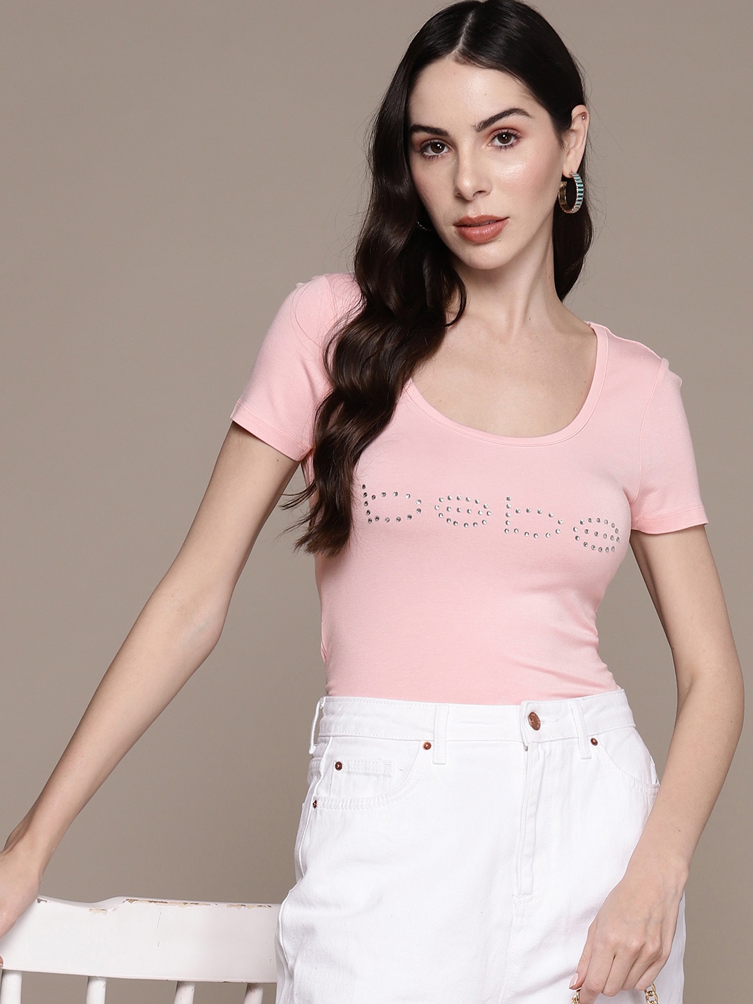 

bebe Season Staples Brand Logo Embellished Fitted Top, Peach