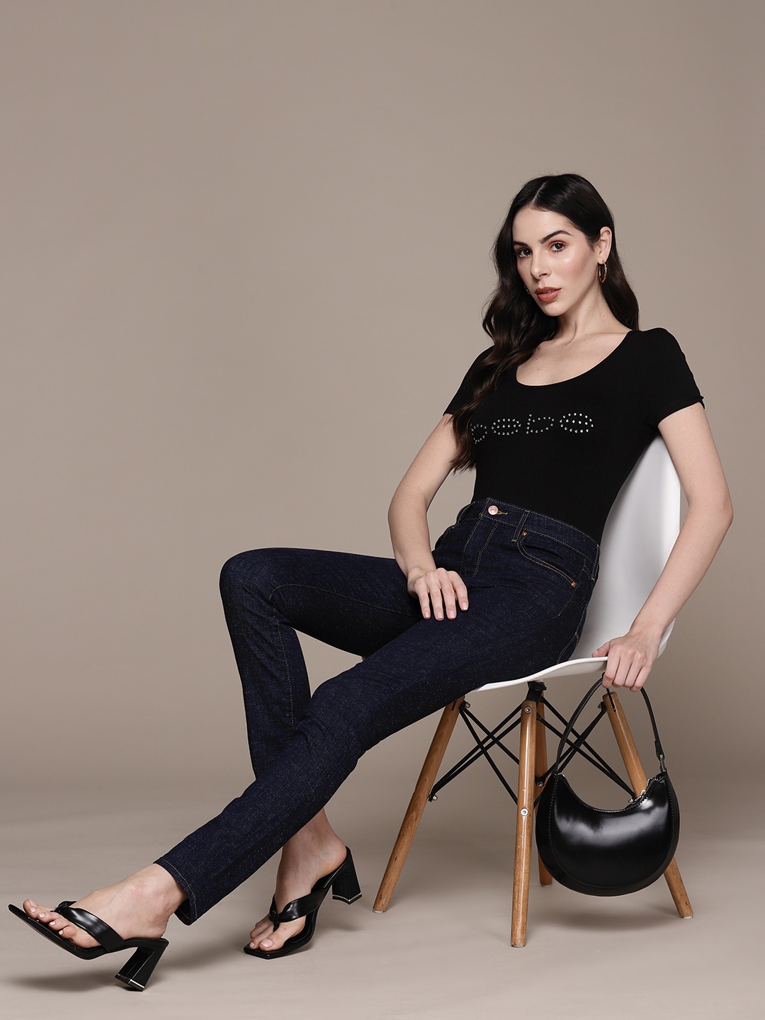 

bebe Season Staples Brand Logo Embellished Fitted Top, Black