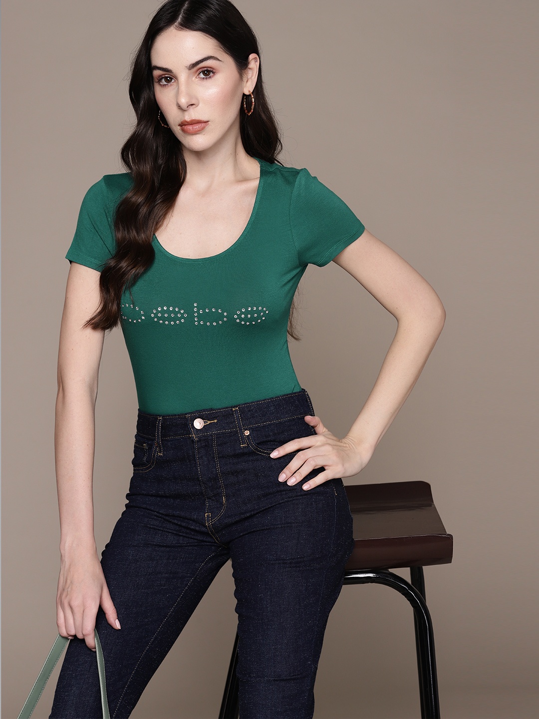 

bebe Season Staples Brand Logo Embellished Fitted Top, Green