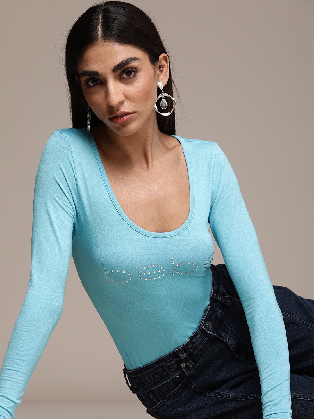 

bebe Women Blue Slim Fit Brand Logo Embellished T-shirt