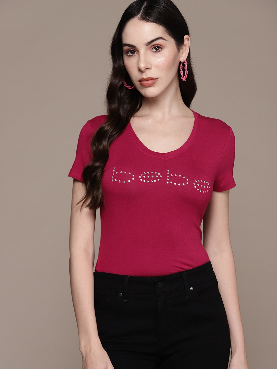 

bebe Season Staples Brand Logo Embellished Fitted Top, Magenta