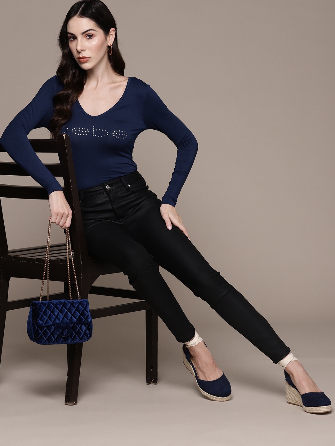 

bebe Season Staples Brand Logo Embellished Top, Navy blue