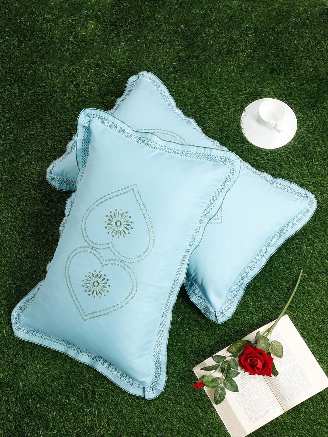 

SOKNACK Pack of 2 Blue Embroidered 220 TC Pure Cotton Pillow Covers, Turquoise blue