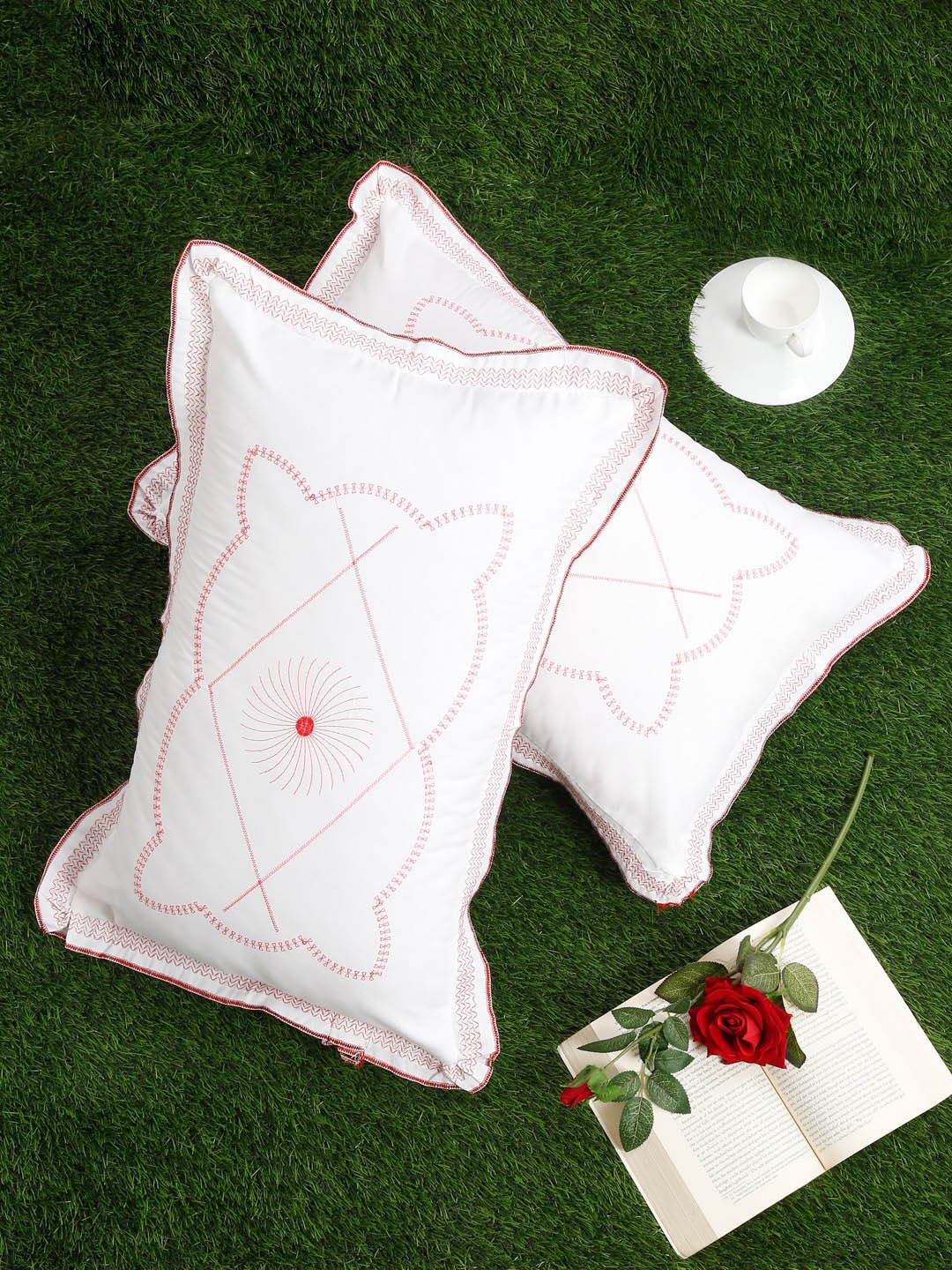 

SOKNACK Set Of 2 White & Red Embroidered Pure Cotton 220 TC Pillow Covers