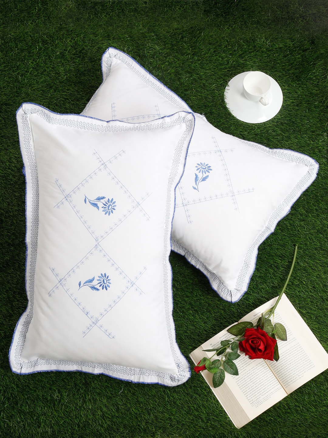 

SOKNACK Set Of 2 White Embroidered Pure Cotton 220 TC Pillow Covers