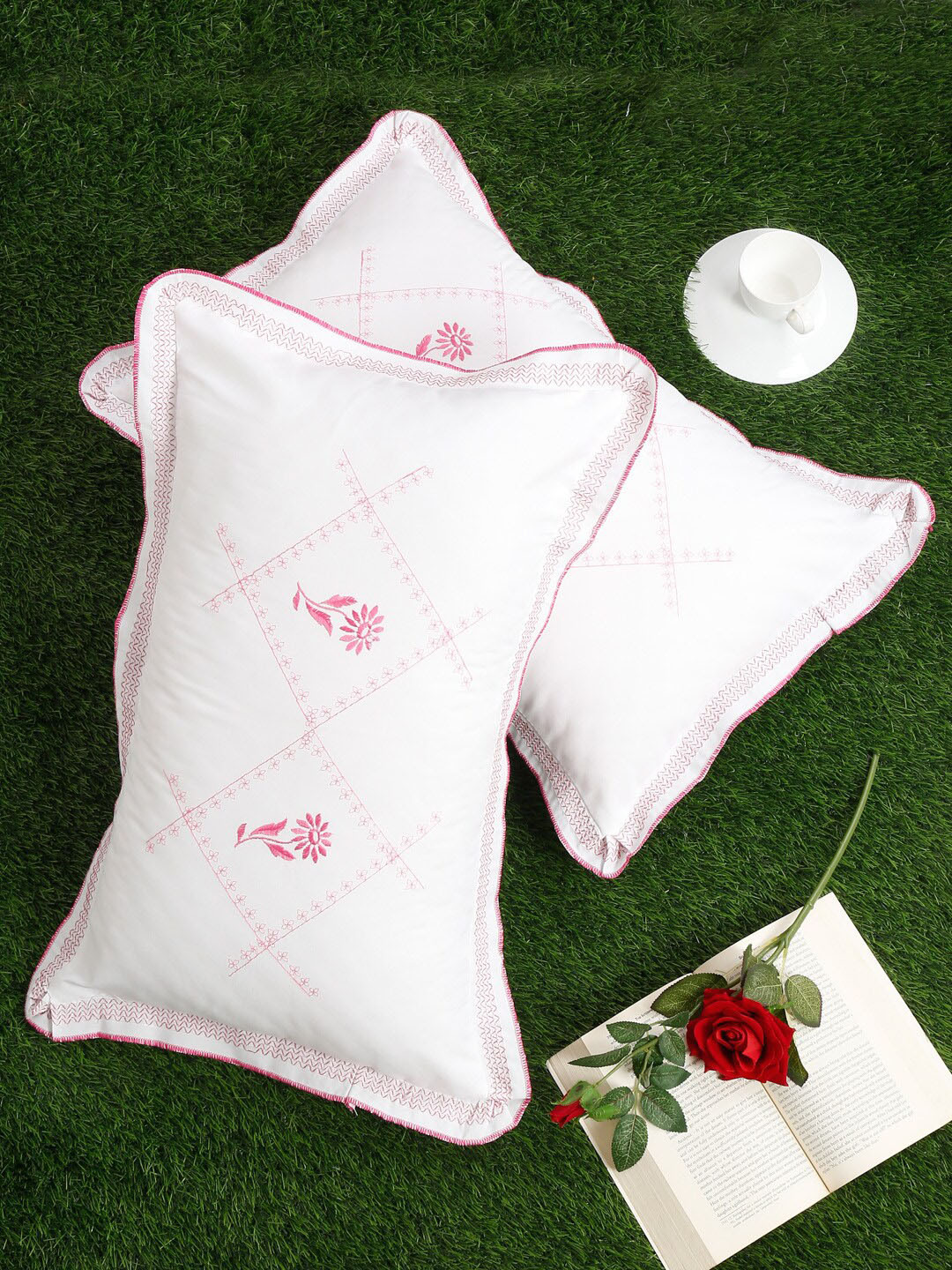 

SOKNACK Pack Of 2 White & Pink Floral Embroidered 220 TC Pillow Covers