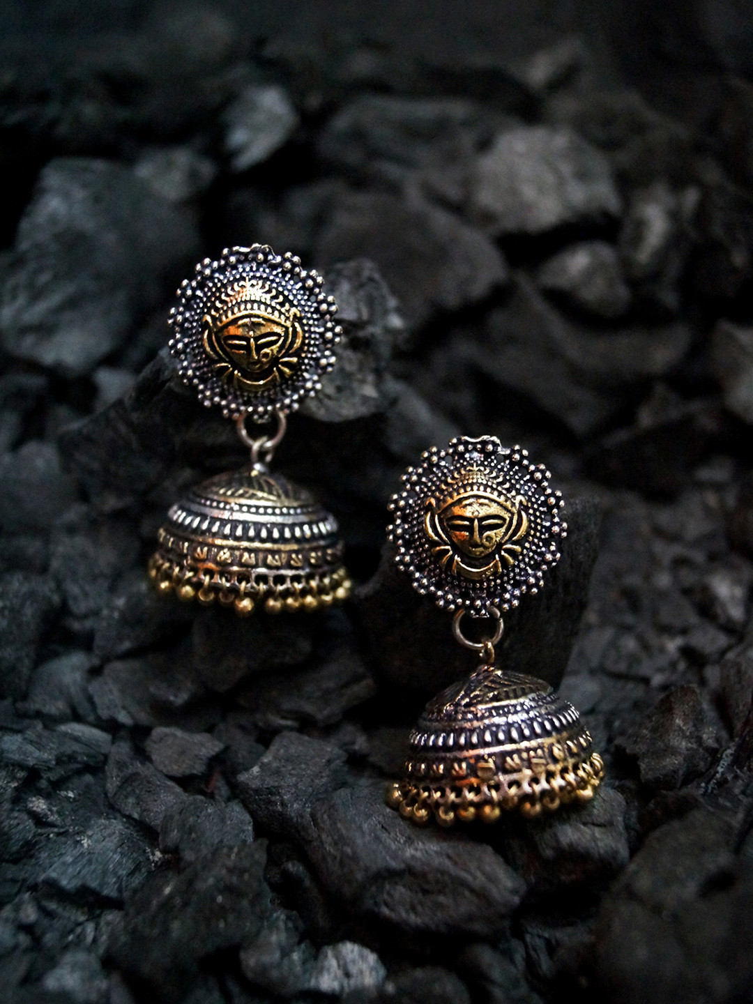 

Rubans Antique Gold & Oxidised Silver-Toned Idol-Shaped Jhumkas
